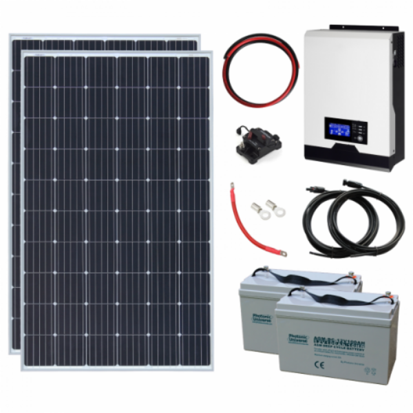 600W 24V Complete Off-Grid Solar Power System With 2 X 300W Solar Panels, 2.4Kw Hybrid Inverter And 2 X 100Ah Batteries