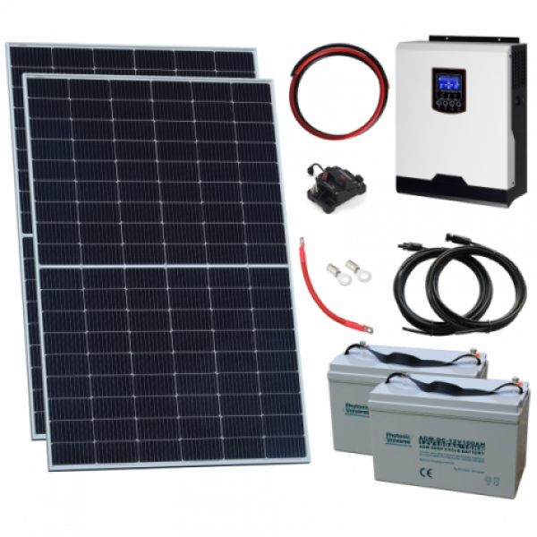 820W 24V Complete Off-Grid Solar Power System With 2 X 410W Solar Panels, 3Kw Hybrid Inverter And 2 X 100Ah Batteries