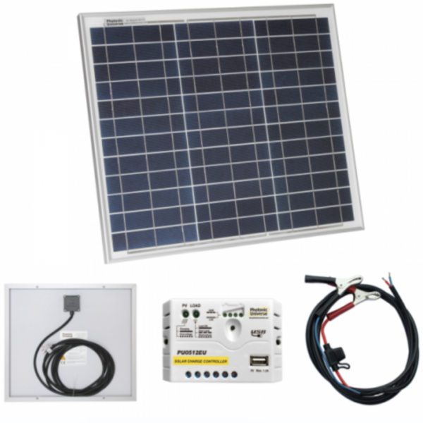 30W 12V Solar Charging Kit With 5A Solar Charge Controller And Battery Cables With Crocodile Clips
