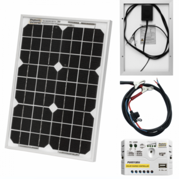 10W 12V Solar Trickle Charging Kit With 5A Solar Controller And Battery Cable With Crocodile Clips