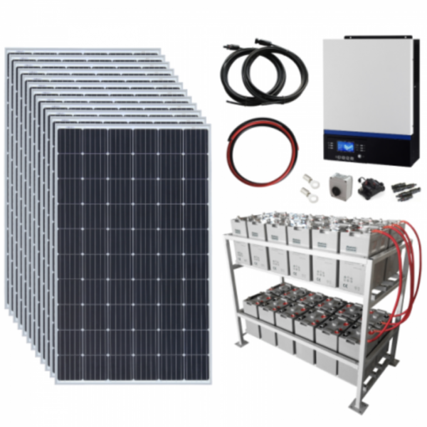 3.6Kw 48V Complete Off-Grid Solar Power System With 12 X 300W Solar Panels, 5Kw Hybrid Inverter And 24Kwh Battery Bank