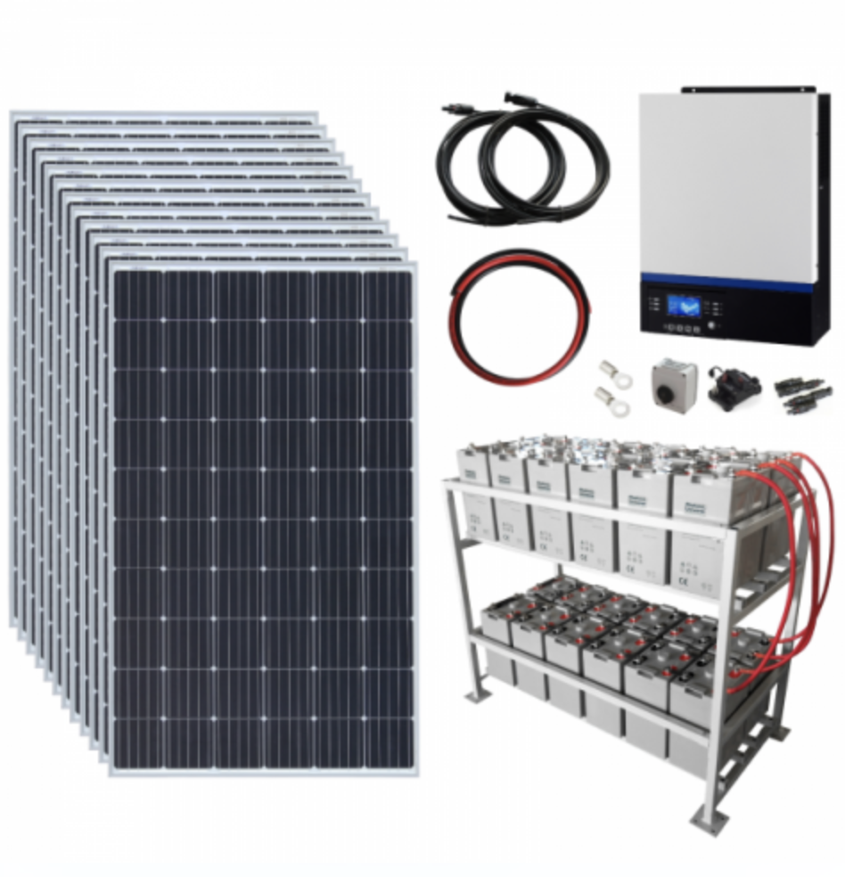 3.6Kw 48V Complete Off-Grid Solar Power System With 12 X 300W Solar Panels, 5Kw Hybrid Inverter And 24Kwh Battery Bank