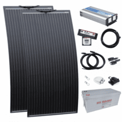 3kw complete dual battery van conversion kit with 2 x 160w black semi-flexible solar panels, 200ah 12v battery and 3000w 230v pure sine wave inverter VANDBKIT-3000