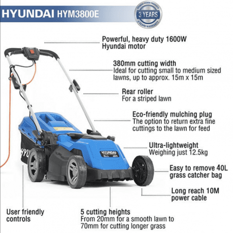 Hyundai HYM3800E Electric 1600W / 230V 38cm Rotary Rear Roller Lawnmower - Image 4