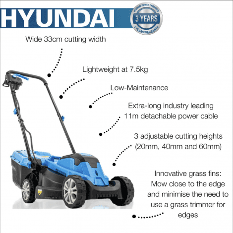 Hyundai 33cm 1300W Electric Lawn Mower, 11m Detachable Power Cable, 3 Heights & 30L Collection Bag | HYM3313E - Image 3