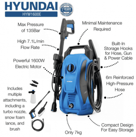 Hyundai 135Bar / 1740psi Electric Pressure Washer, 7.1L/min, 1600W Powerful Motor with Hose & Attachments | HYW1600E - Image 26