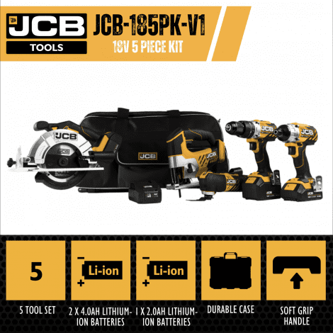 JCB 18V Cordless Power Tool Kit, Combi Drill, Impact Driver, Multi-tool, Jigsaw, 2 x 4.0Ah, 1x 2.0Ah Batteries, Charger & Bag | JCB-185PK-V1 - Image 3