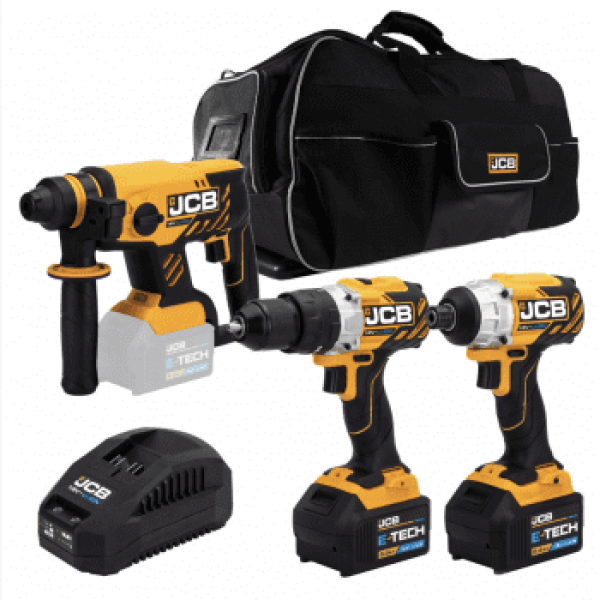 JCB 18V Brushless Combi Drill, Impact Driver & Hammer Drill Kit, 2 x 5Ah Li-Ion Batteries, Charger and 26'' Kit Bag| 21-18BL3PK-5
