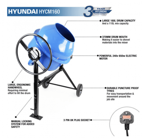 Hyundai 650w 160L Portable Electric Cement Concrete Mixer 230v | HYCM160E - Image 15