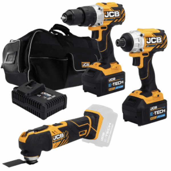 JCB 18V Cordless Combi Drill, Impact Driver & Multi-Tool Kit, 2x 5.0Ah Li-Ion Batteries, Charger, 26'' Kit Bag | 21-18TPKMT-5
