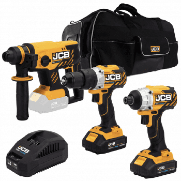JCB 18V Brushless Combi Drill, Impact Driver & Hammer Drill Kit, 2 x 2Ah Li-Ion Batteries, Charger and 26'' Kit Bag | 21-18BL3PK-2